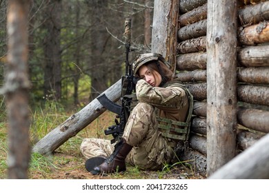 Sad Tired Girl Military Uniform Sitting Stock Photo 2041723265 ...