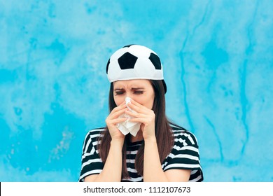 Sad Upset Crying Football Soccer Female Fan. Sports Team Supporter Disappointed To Tears
