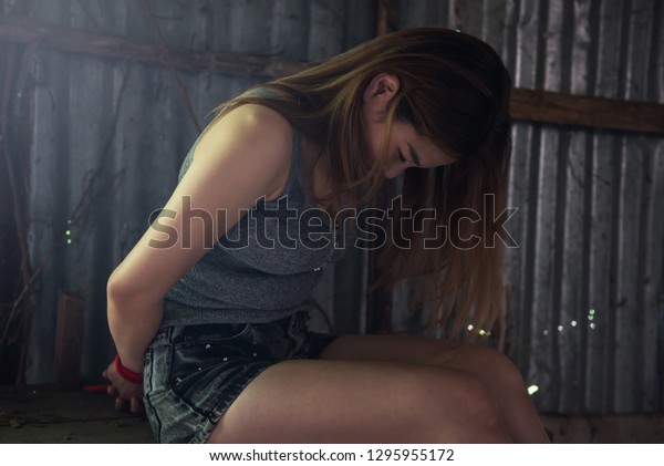 Sad Victim Woman Hands Tied By Stock Photo Edit Now 1295955172