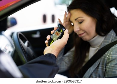 Sad Woman With Alcohol Intoxication Stopped By Policeman