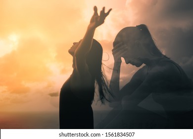 Sad woman becomes happy and free. People letting go of fears, sadness, grief and pain concept. - Shutterstock ID 1561834507