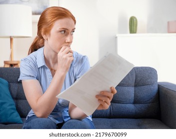 Sad Woman Checking Bank Statement Deadline In Financial Troubles