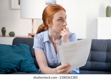 Sad Woman Checking Bank Statement Deadline In Financial Troubles