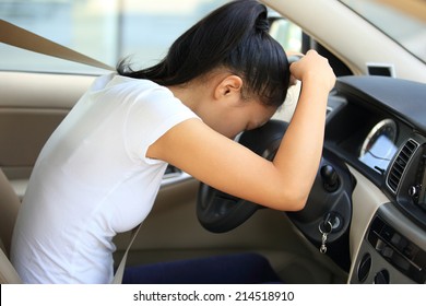 Sad Woman Driver In Car 