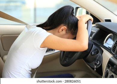 Sad Woman Driver In Car 