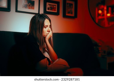 

Sad Woman Feeling Lonely at home Not Sleeping at Night. Depressed anxious person feeling like crying instead of sleeping 
