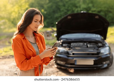 Sad woman has broken down car on roadside, feeling stressed, calling and searching for help. Emergency assistance or insurance service. - Powered by Shutterstock