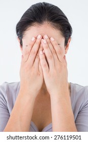 Sad Woman Hiding Her Face On White Background