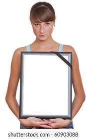 Sad Woman Holding Empty Memory Picture Frame With Black Band