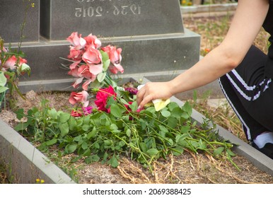 sad woman lays flowers on the grave