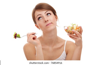 Sad Woman On Diet With Vegetables. Isolated On White Background.