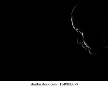 Sad Woman Profile Silhouette On Black Background With Copy Space, Looking Down, Monochrome