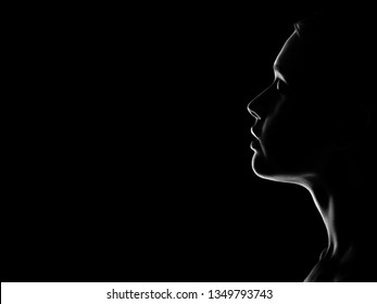 Sad Woman Profile Silhouette On Black Background With Copy Space, Closed Eyes, Monochrome