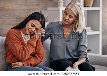 Sad woman, therapist and care for understanding in support for addiction, mental health or counseling. Female counselor or shrink helping crying patient in healthcare, therapy session or meeting