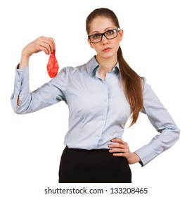 Sad Young Business Woman Holding A Deflated Balloon