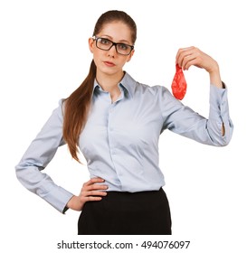 Sad Young Business Woman Holding A Deflated Balloon