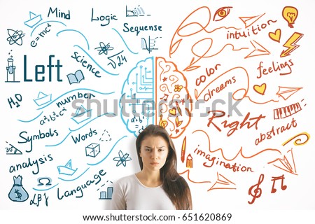 Sad young european girl on white background with creative sketch. Left and right brain sides