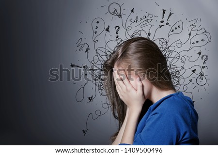 Sad young man with worried stressed face expression and brain melting into lines question marks. Obsessive compulsive, adhd, anxiety disorders concept