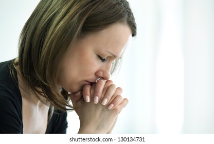 Sad Young Woman Crossed  Fingers  For Her  Face In Crisis Moment