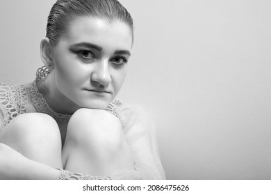 Sad Young Woman Looking Aside Closeup Portrait With Copy Space, Monochrome