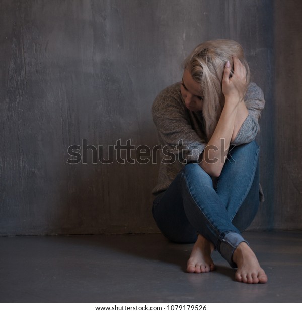 Sad Young Woman Sitting Wall Young Stock Photo 1079179526 | Shutterstock