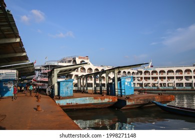 Sadarghat, Dhaka, Bangladesh - 25th June 2021 : Sadarghat is situated on the banks of the Buriganga river. It is known as the largest and busiest river port in Bangladesh