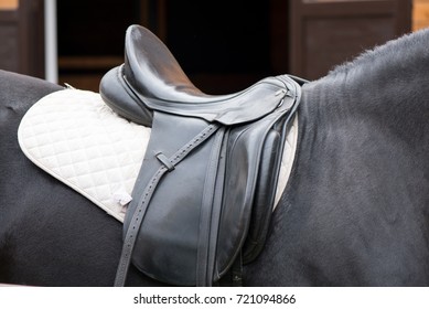 A Saddle Of A Horse Tied Down Near A Stable Getting Ready For A Race At The Dome