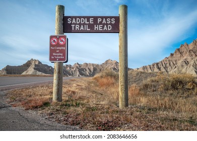 Saddle Pass Trail Head Sign In Badlands National Park