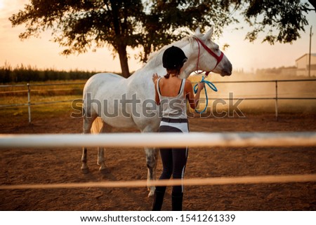 Saddling a horse. Young woman with horse at  ranch.