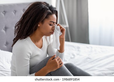 Sadness Concept. Portrait Of Upset African American Woman Crying, Holding Paper Tissue And Wiping Tears. Upset Black Female Sitting In Bed At Home, Feeling Lonely, Free Copy Space