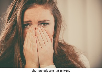 Sadness And Emotional Distress. Stressful Situation In Work Trouble And Anxiety. Young Woman In White Shirt Cry. 