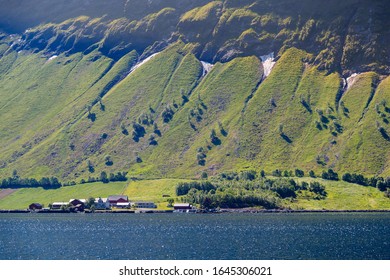 SAEBOE, NORWAY - 2018 JUNE 09. Norwegian Farmer Below The Big Mountain.