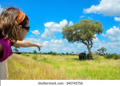 Safari In Africa, Child In Car Looking At Elephant
