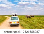 Safari concept. African travel landscape. Tourists making photos of wild elephants in Amboseli National Park, Kenya