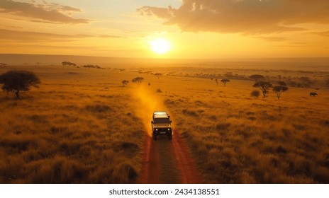 Safari Drive Through the Golden African Wilderness, Safari vehicle driving along a dusty road through the golden savannah at sunset, Kenya