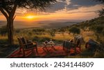 Safari Lodge Sunset with Elephant View, A serene sunset view from a safari lodge balcony overlooking a landscape graced by grazing elephants