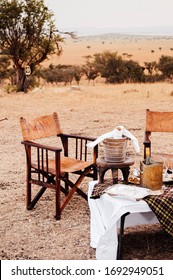 Safari Luxury Outdoor Picnic With African Style Wooden Director Chair With Wine Bucket On Table - African Outdoor Dining In Serengeti Savanna Forest. Tanzania