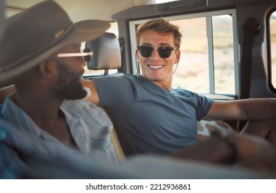 Safari, Road Trip And Travel Friends Or Men In A Van With Sunglasses For Summer Journey Drive Or Countryside Holiday In Nature. Happy Diversity People And Black Man In A Caravan Driving In Australia