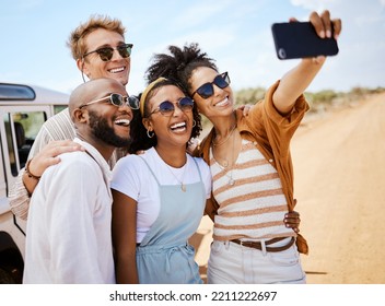 Safari, travel and friends phone selfie for social media with multiracial people on dirt road. Diverse friendship group enjoying bush holiday together in South Africa with smartphone photograph. - Powered by Shutterstock