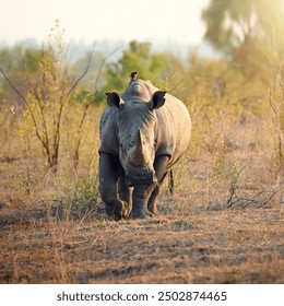 Safari, walking and rhino in natural habitat for survival, eating grass and species for conservation. Wildlife, solitary animal and herbivore in countryside, indigenous horn and target for poaching