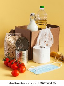 Safe Food Delivery In A Cardboard Box With Food Supplies And Disposable Mask And Gloves, Food Supply. Food Delivery.