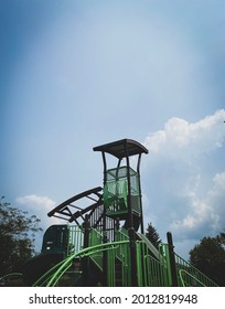 Safe and fun playground climbing equipment plus tower, for children in urban center.