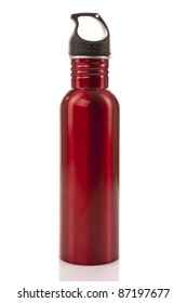 A Safe, Reusable, Red, Stainless Steel Water Bottle Isolated On White Background.