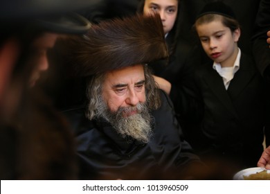 SAFED, ISRAEL - Apr. 22, 2017: The Grand Hasidic Rabbi, Rachmastrivka Rebbe, During A Festive Meal With His Hasidic Followers, In Safed, Israel