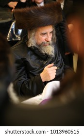 SAFED, ISRAEL - Apr. 22, 2017: The Grand Hasidic Rabbi, Rachmastrivka Rebbe, During A Festive Meal With His Hasidic Followers, In Safed, Israel