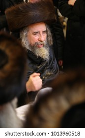 SAFED, ISRAEL - Apr. 22, 2017: The Grand Hasidic Rabbi, Rachmastrivka Rebbe, During A Festive Meal With His Hasidic Followers, In Safed, Israel