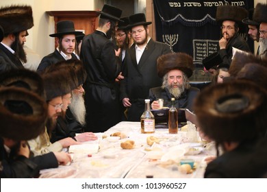 SAFED, ISRAEL - Apr. 22, 2017: The Grand Hasidic Rabbi, Rachmastrivka Rebbe, During A Festive Meal With His Hasidic Followers, In Safed, Israel