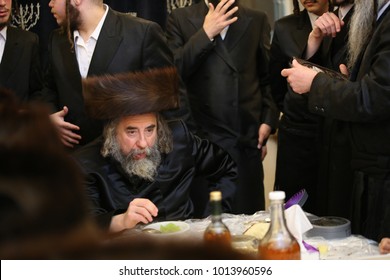 SAFED, ISRAEL - Apr. 22, 2017: The Grand Hasidic Rabbi, Rachmastrivka Rebbe, During A Festive Meal With His Hasidic Followers, In Safed, Israel