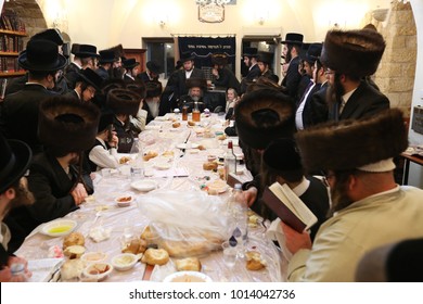 SAFED, ISRAEL - APR 22, 2017: The Rachmastrivka Rebbe Leading A Festive Meal With His Followers In Safed, Israel