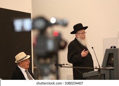 SAFED, ISRAEL - APR 24, 2018: Rabbi Yakov Litzman, Israeli Deputy Secretary Of The Ministry Of Health, Speaks At The Dedication Of The New Pet CT Unit In The Ziv Hospital In Safed, Israel